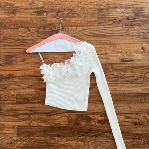 Zara White One-Shoulder Ruffle Blouse